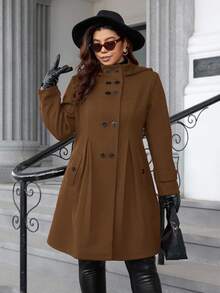 Ellevyn 大码纯色双排扣连帽长袖束腰大衣 - 咖啡棕 - 查看 3