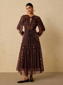 Travachic Plus Size Elegant Printed Knit Double Layer Long Sleeve Dress, Suitable For Party And Holiday - Black - View 1