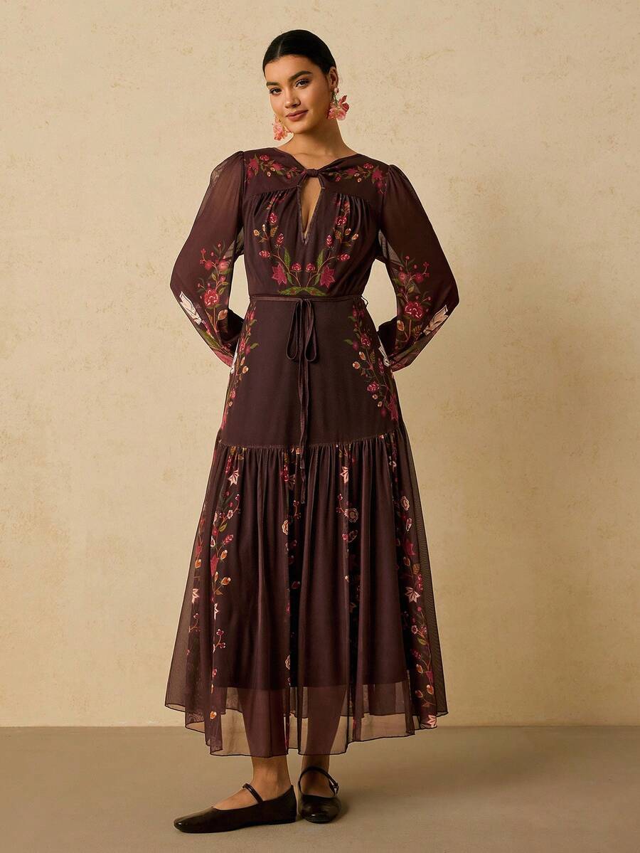 Travachic Plus Size Elegant Printed Knit Double Layer Long Sleeve Dress, Suitable For Party And Holiday - Black - View 1