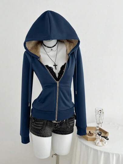 Elamini Taillierter, vintage-inspirierter, gestrickter, elastischer, mit Fleece gefütterter Kapuzen-Sweatshirt mit Taschen für Damen