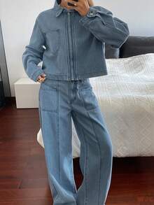 DAZY Women's Casual Collared Crop Top And Loose Fit Jeans Set