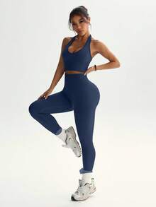 Dewbera Women's Solid Color Halter Sleeveless Cropped Fitted Casual Fitness Sportswear Set Ribbed Workout Set Navy Workout Set 2 Piece Sets Woman Active - Dusty Blue - View 7