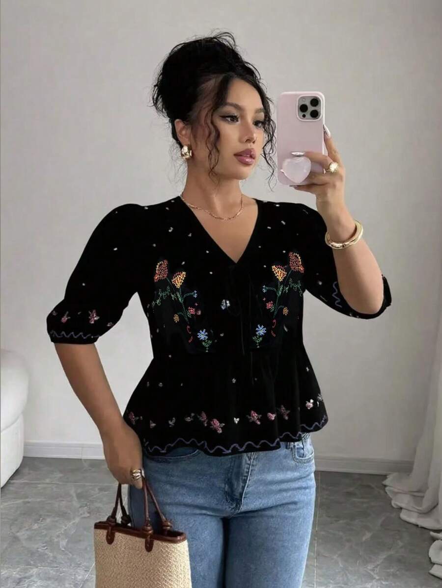 Rafferiza Elegant Romantic V-Neck Tie Design Floral Print Summer Blouse For Women Embroidered Top Black Peplum Top Summer Top Floral Top Rhinestone Top - Multicolor - View 1