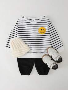 THE HAPPY LOOK 2pcs/Set Young Boy Cartoon Face Pattern Knit Soft Crew Neck Long Sleeve Pullover Pullover Sweatshirt & Elastic Waist Jogger Pants Set