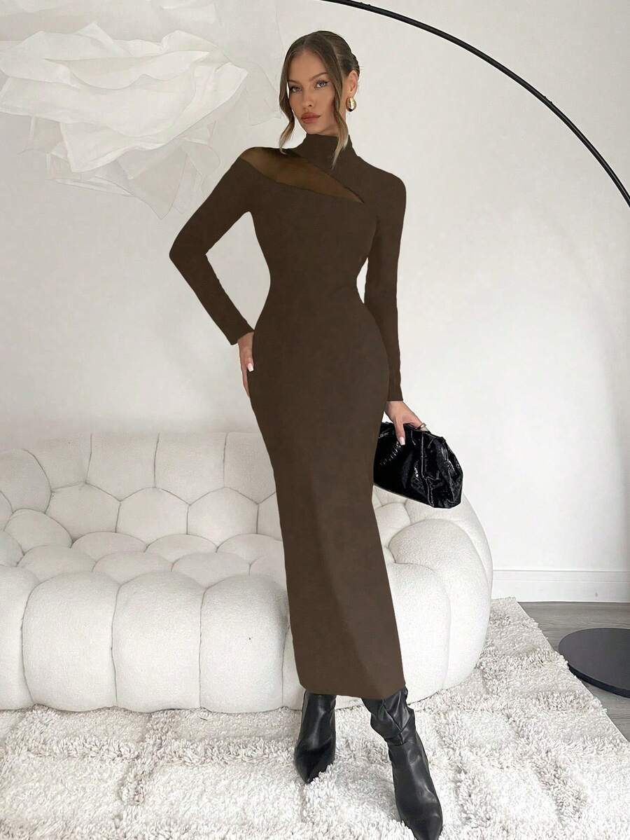 Chiquease Vestido largo elegante y sexy para mujer, de cuello alto, con corte de abertura, unicolordos, elástico y ajustado, de estilo casual y para fiestas, de tela transparente y de múltiples tejidos. - Marrón - Ver 1