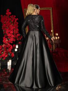 Glamrae Plus Size Elegant Romantic Black Deep V-Neck Long Sleeve Luxury Beaded Patchwork Satin Waist Bow Decor High Slit Maxi A-Line Formal Gown (Heavily Embellished Design) - Black - View 5