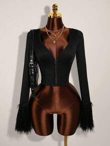 Amplova Chaqueta ajustada con botones metálicos y flecos para otoño/invierno - Negro - Ver 2