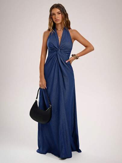 Avantive Robe en jean super longue à dos torsadé et col ras-du-cou et sexy