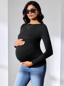 MaterniWear Maternity Solid Color Boat Neck Long Sleeve Ruched Nursing Top Maternity Tops Maternity T Shirts Pregnancy Clothing Pregnancy Shirts Post Partum Clothes  Elegant Women's Blouses - Black - View 5