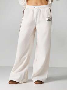 MISSGUIDED Pantalon de jogging à jambes larges avec détail de bande latérale contrastée, taille à cordon, pantalon de détente confortable