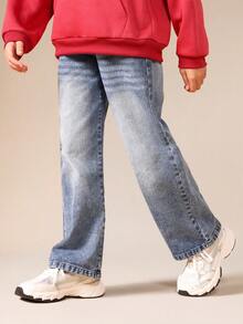 SUMWON Wide Leg Straight Denim Jeans For Tweens With Distressed Light Wash Effect - Medium Wash - View 3