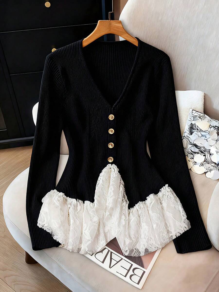 Auvina White V-Neck Lace Patchwork Knit Sweater, Exquisite And Chic - Black - View 1