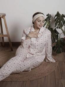Lupita Cardoza Pink Striped Print Shirt And Pants Set, Versatile For Home And Outdoor - Pink - View 5