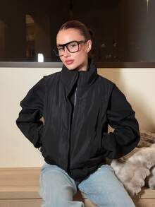 Abrilcols Áo vest đệm ngắn thường ngày có khóa kéo màu trơn dành cho nữ, mùa đông - màu đen - Xem 5