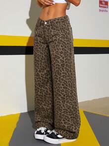 SHEIN Tall Fashionable Low-Waist Leopard Print Washed Straight-Leg Jeans - Multicolor - View 5