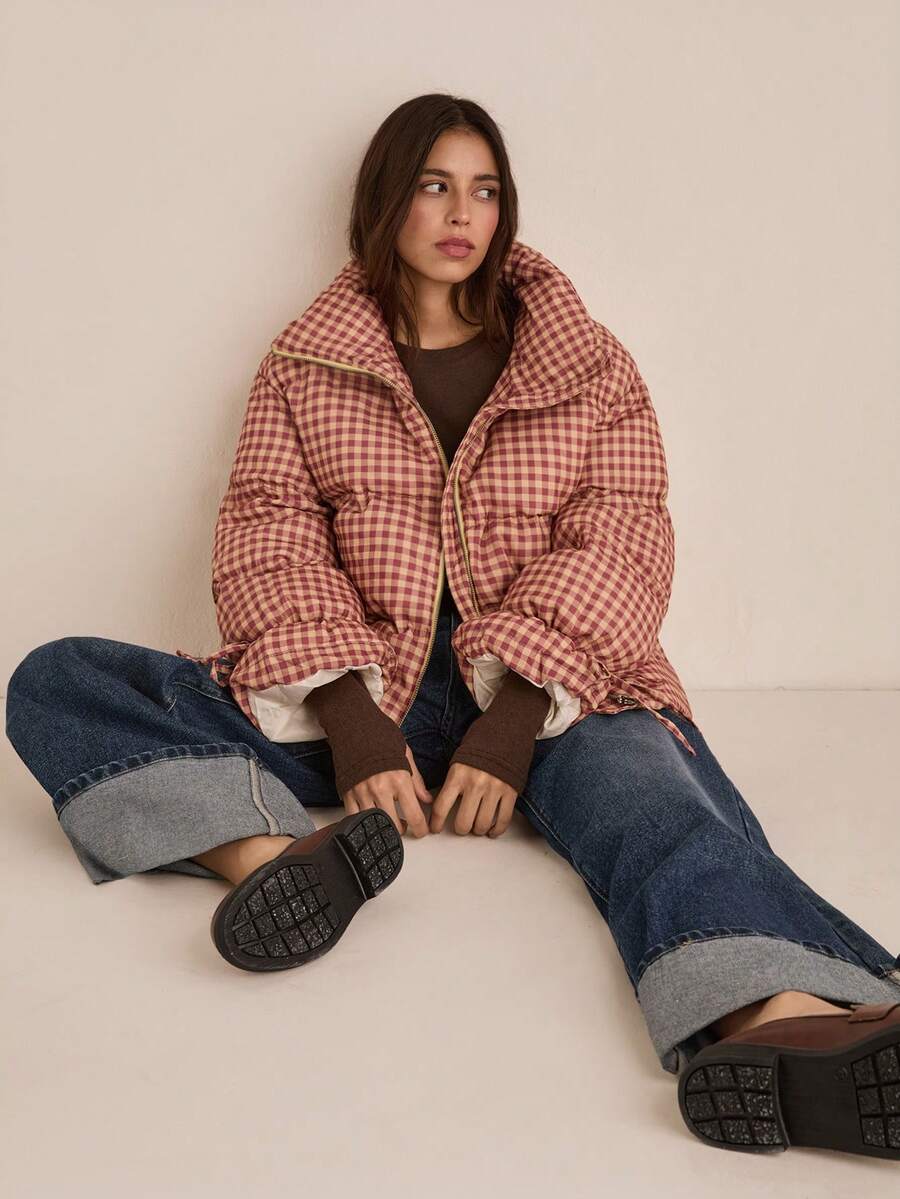Easelle Retro Casual Loose Tie-Up Plaid Padded Padded Coat For Women Earthy Clothes Women Women Fall Clothes Women Western Clothing Cowgirl Outfits For Women Gingham Puffer Jacket - Multicolor - View 1