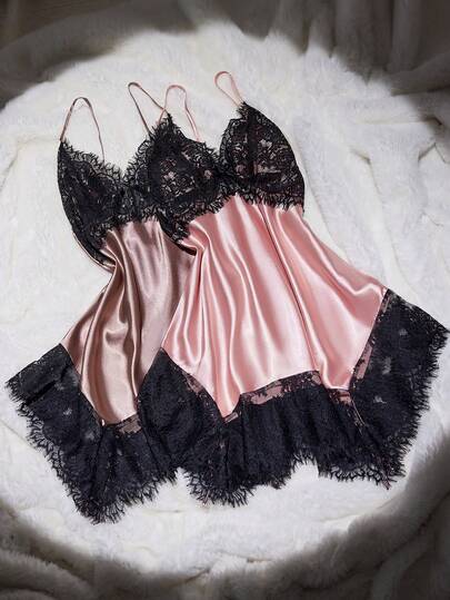 SilkySpell 2pcs Women Sexy Deep V Camisole Nightgown, Elegant Satin Lace Trim Mini Skirt. Suitable For All Seasons, Can Be Worn Outerwear. Satin Sleepwear Set Babydoll Lingerie Set Lingerie Dresses Satin Lingerie Set Lingerie Sleep Set