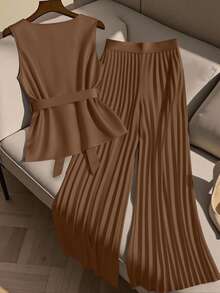 GlowEve CURVE 2件套大码女式无袖上衣和休闲宽松褶皱阔腿裤套装 - 棕色 - 查看 2