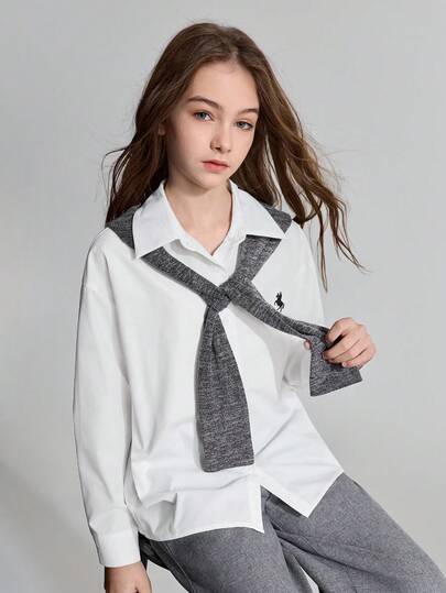 Ontre Tween Girl White Long Sleeve Shirt & Grey Cardigan Casual Pants Set
