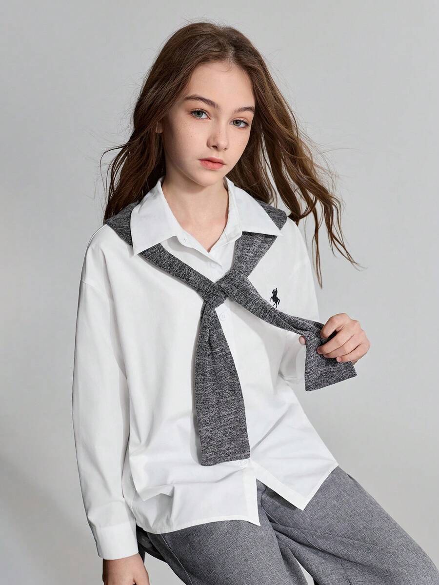 Ontre Tween Girl White Long Sleeve Shirt & Grey Cardigan Casual Pants Set - Dark Grey - View 1