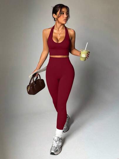 Dewbera 女式纯色露背无袖短款修身休闲健身运动服套装