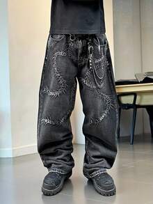 STEELVANCE Quần jeans ống đứng rộng rãi, giặt cũ, thêu côn trùng thời trang đường phố dành cho nam - màu đen - Xem 3