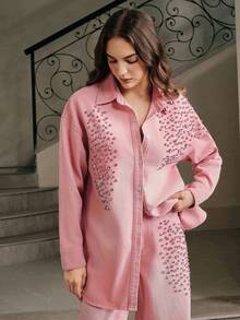 Anewsta New Fashionable Women's Heavily Embellished Rhinestone Denim Shirt, Suitable For Valentine's Day Party, Pink - Pink - View 3