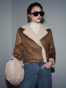 SHEIN Luminelle 秋冬短款人造毛皮外套，鹿皮绒，双排扣腰部设计，带纽扣的肩带 - 彩色 - 查看 6