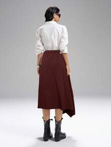 LYSMO Váy kẻ sọc viền bất đối xứng thời trang đi làm cho nữ - Cà phê nâu - Xem 2