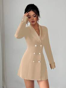 Selianne 极简主义高端黑白撞色编织长袖前开双排扣短裙，适合正式晚宴、姐妹聚会、晚间约会 - 卡其色 - 查看 4