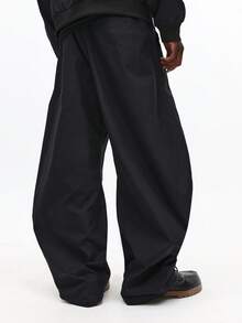 SUMWON Wide Leg Barrel Fit Nylon Pull On Pants With Seam Details Elastic Waist Casual Streetwear - Black - View 2