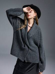 MYSTAURA Cardigan Sweater Leher Bulat Benang Metalik Gaya Vintage, Kasual & Modis untuk Acara Kumpul-kumpul - Dark Grey - View 4