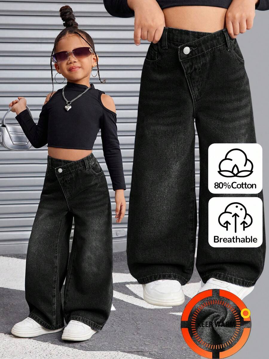 SHEIN Young Girl Y2K Vintage Blue Denim Thermal Lined Asymmetrical Waist Loose Pants, Autumn/Winter,Cool/Thanksgiving - Black - View 1