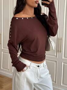 SHEIN EZwear Women's Autumn/Winter Oblique Shoulder Button Loose Waist T-Shirt - Brown - View 6