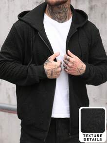 Manfinity Homme Hanorac cu glugă, texturat, cu fermoar, pentru bărbați, casual, culoare uni, top cu mânecă lungă