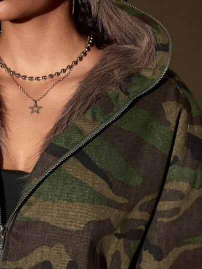 Grunge Punk Y2K Faux Fur Collar Padded Camouflage Unisex Jacket, American Style Padded Coat For Autumn/Winter