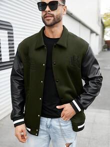 Manfinity LEGND Plus Size Men's Contrast Color Patchwork Front Button Baseball Long Sleeve Jacket - Army Green - View 7