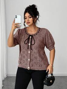 Elenzga 大码系带简约休闲短袖开衫 - 鏽棕色 - 查看 5