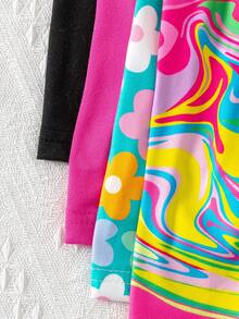 SHEIN Bộ 4 quần short in họa tiết sóng nhuộm hoa đơn sắc thường ngày cho bé gái - Nhiều màu - Xem 5