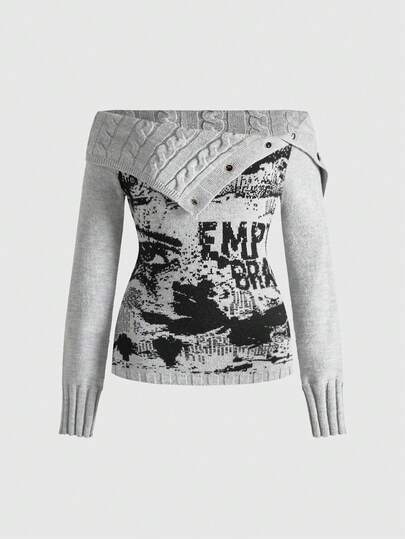 J-Fashion Chandail tricoté à col côtelé, épaules dénudées, taille cintrée avec imprimé papillon graffiti Y2K