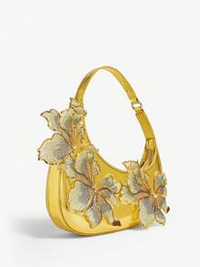SHEIN SXY 女士、女式单肩包、流浪包、金色、刺绣亮片贴花、花朵、时尚、优雅、浪漫、简约、个性化、多功能、适合度假、节日、约会、日常、下午茶、派对、舞会、俱乐部、约会、生日、晚会、夜间约会 - 金色 - 查看 3