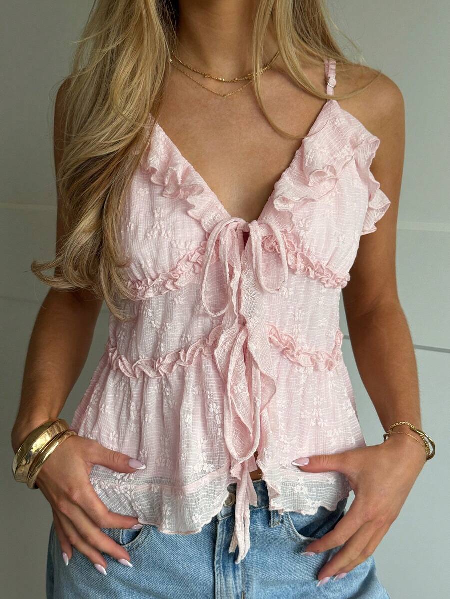 CovetEZ Women's Pink Top, Pink Top, Pink Lace Top, Sweet And Romantic For Spring, Summer, Autumn And Winter, Christmas Party, Vacation, Home, Street And Seaside Leisure, Pink Ruffled Tie Bow Lace Camisole Top Cute Summer Top Bohemian Top Blouse Summer Cute Blouses - Pink - View 1