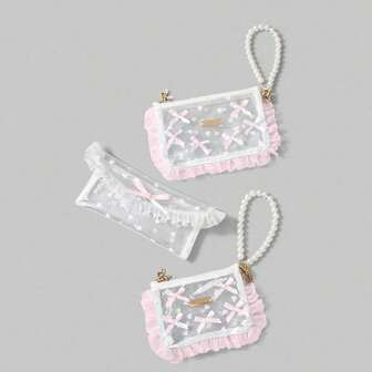 Kawaii 1 pieza Bolsa de cosméticos transparente de PVC con decoración de perla, lazo y encaje, organizador para monedas, auriculares y lápiz labial, regalo para viajes