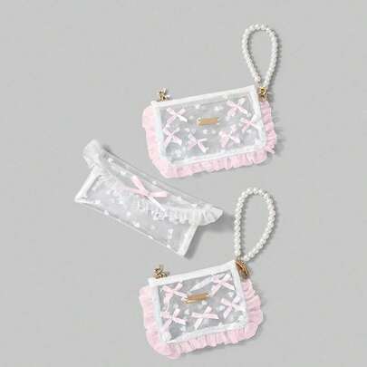 Kawaii 1pc Pearl Heart & Bow Decor Transparent PVC Lace Cosmetic Bag, Coin Purse, Earphone, Lipstick Storage Organizer, Gift For Travel