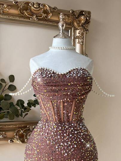 Lovelzi Elegant And Glamorous Sequined Embroidery, Handmade Pearl Chain And Bubble Bead Embellishments, Strapless Off-The-Shoulder Design With Sheer Boning At The Waist For A Slimming Effect, Perfect For A Cocktail Party Dress.