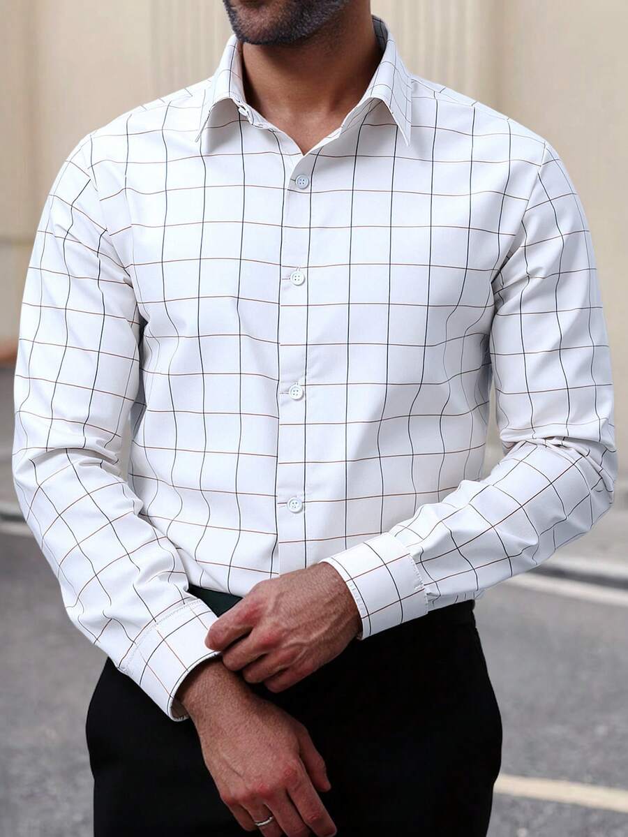 Manfinity Mode 大码男式常规版型长袖前扣格子休闲衬衫 - 白色 - 查看 1