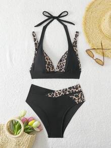 Swim Lushoire 女式休闲度假海滩豹纹撞色纹理面料无线聚拢比基尼两件套泳衣 - 黑色 - 查看 8