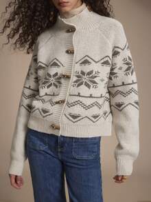 Florisole كارديجان نسائي بأكمام طويلة وأزرار قرنية بنمط هندسي من نوع فير آيل، شعور بالكسل