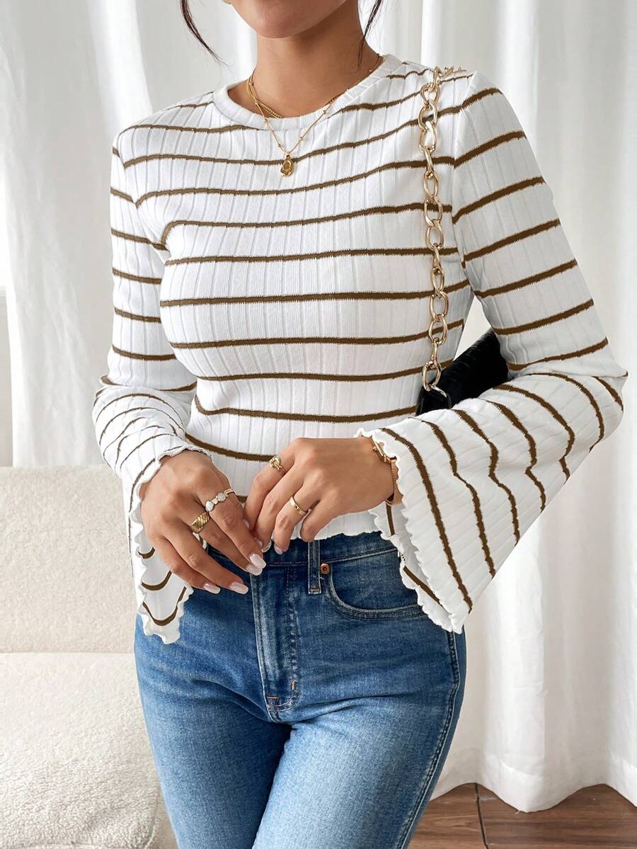 SHEIN Frenchy Women's Casual Ribbed Flare Sleeve Ribbed T-Shirt, Autumn Winter Brown Spring - Brown - View 1