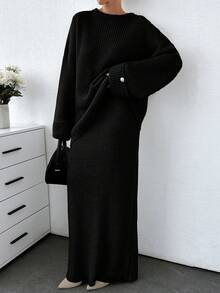 SHEIN Cottnline Plus Women Solid Color Chunky Sweater & Sweater Skirt Set - Black - View 1